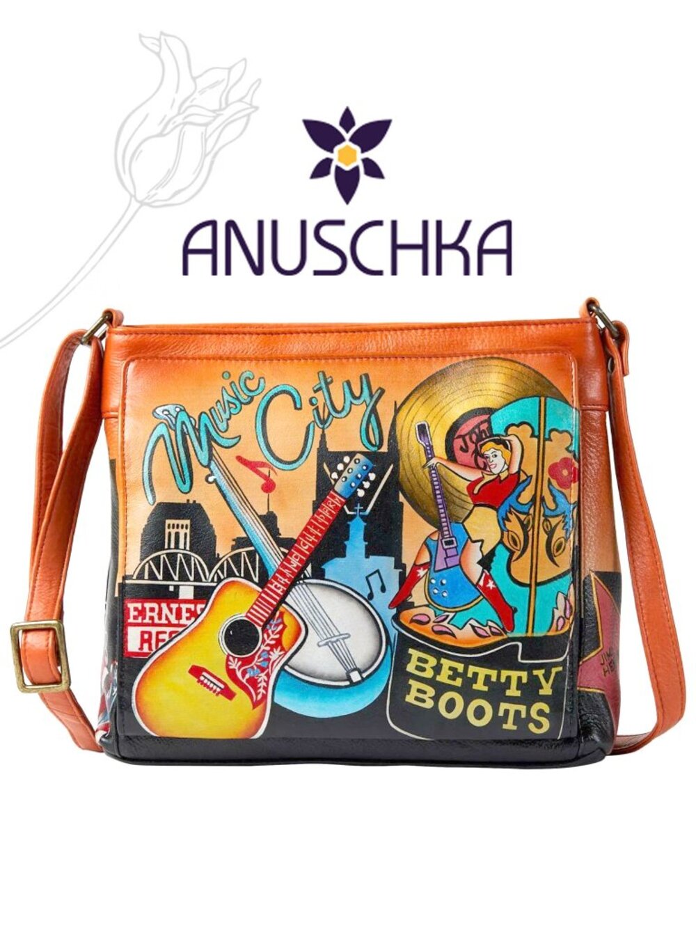 Anuschka Music City Nashville & Music Hand-Painted Leather Crossbody Bag